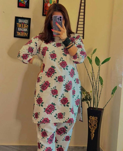 2 Pcs Women's Stitched Linen Embroidered Shirt And Trouser