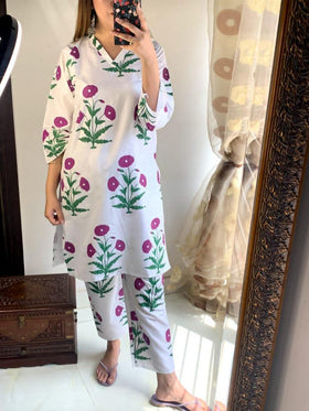 2 Pcs Women's Stitched Linen Block Printed Shirt And Trouser